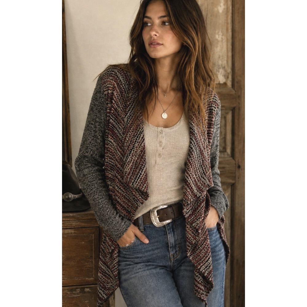 Lucky Brand Womens Open Waterfall Wool Knit Cardigan Sweater Size M Boho Western